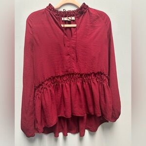 Loft Womens Maroon Long-Sleeved Ruffle Blouse Top Size Small
